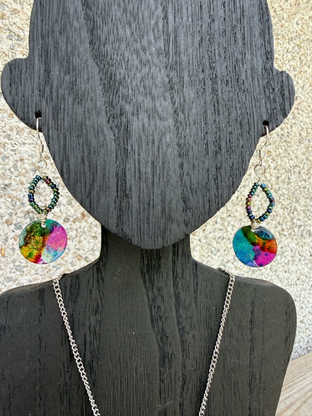Vibrant Multicolor Disc Drop Earrings with Iridescent Beads